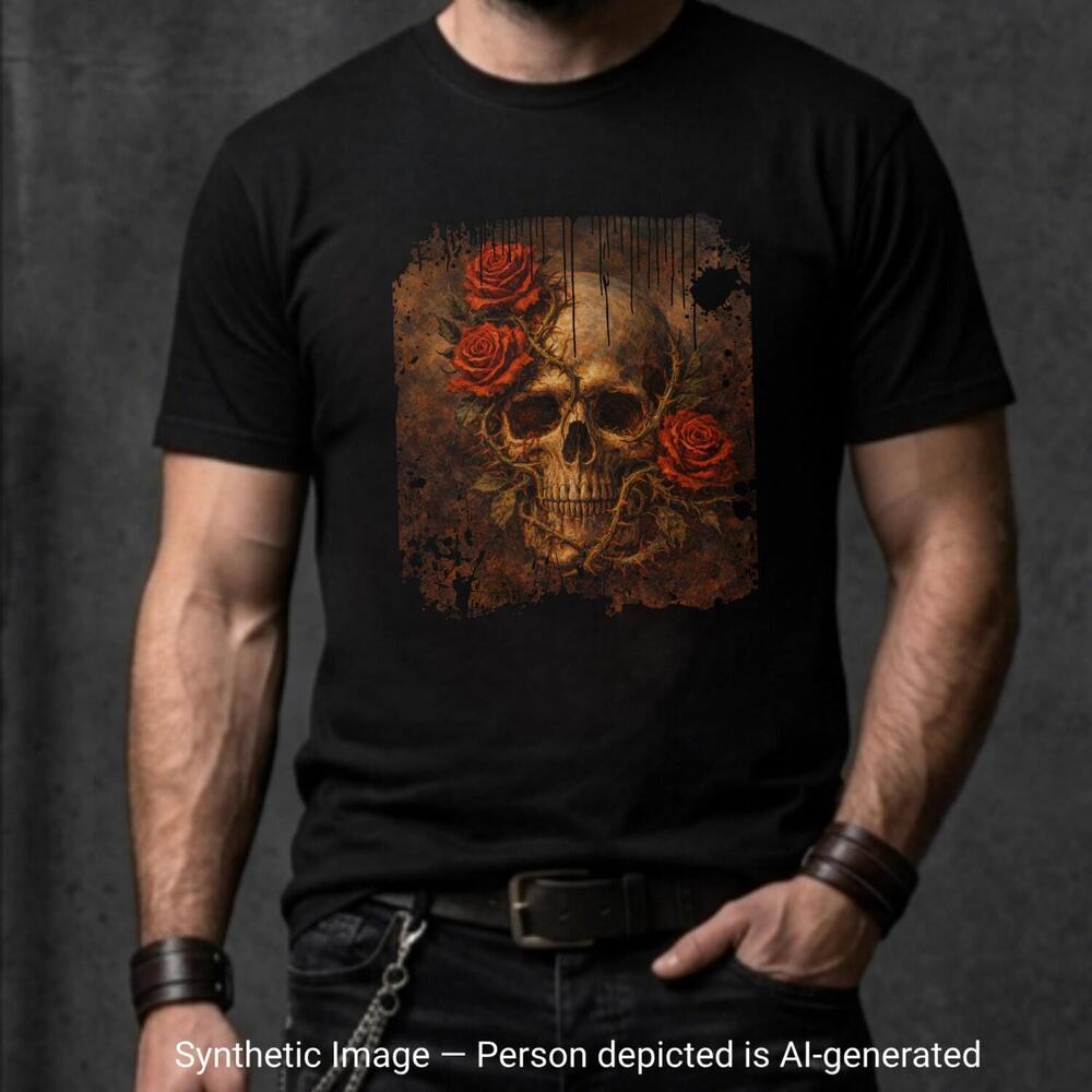 Skull Red Roses T-Shirt Gothic Floral Dark Art Tee